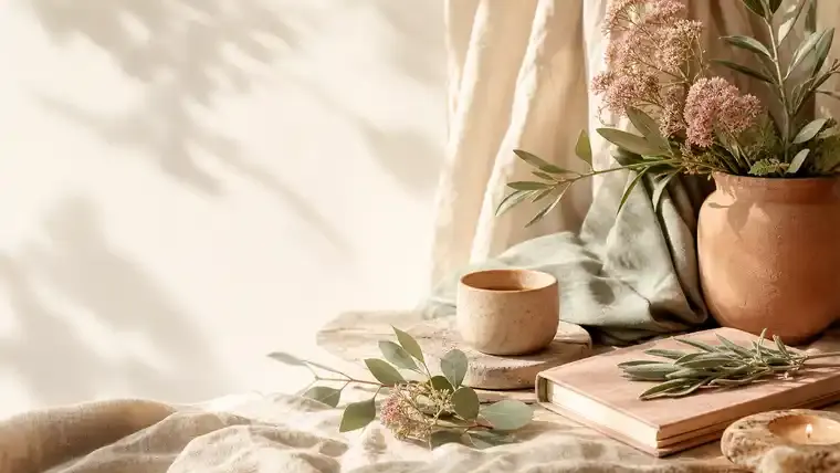 Warm wellness still life with sage, florals, linen, and a journal