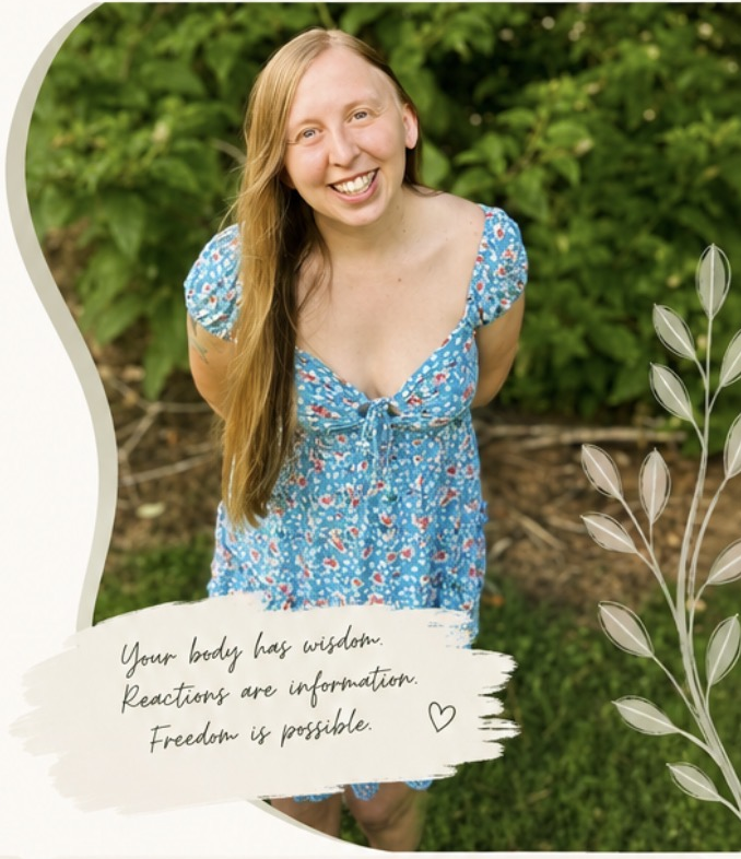 Ashley Clair portrait with a framed botanical background and handwritten quote